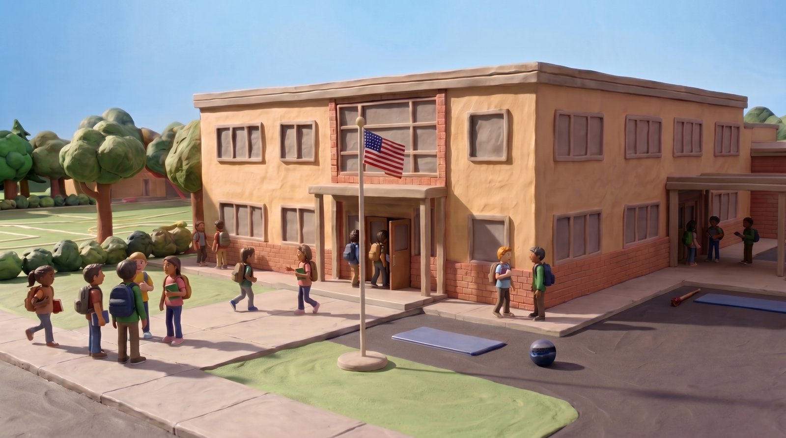 The school exterior, claymation-style